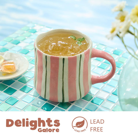 DELIGHTS GALORE mugs on a kitchen table styled for morning routine warmth