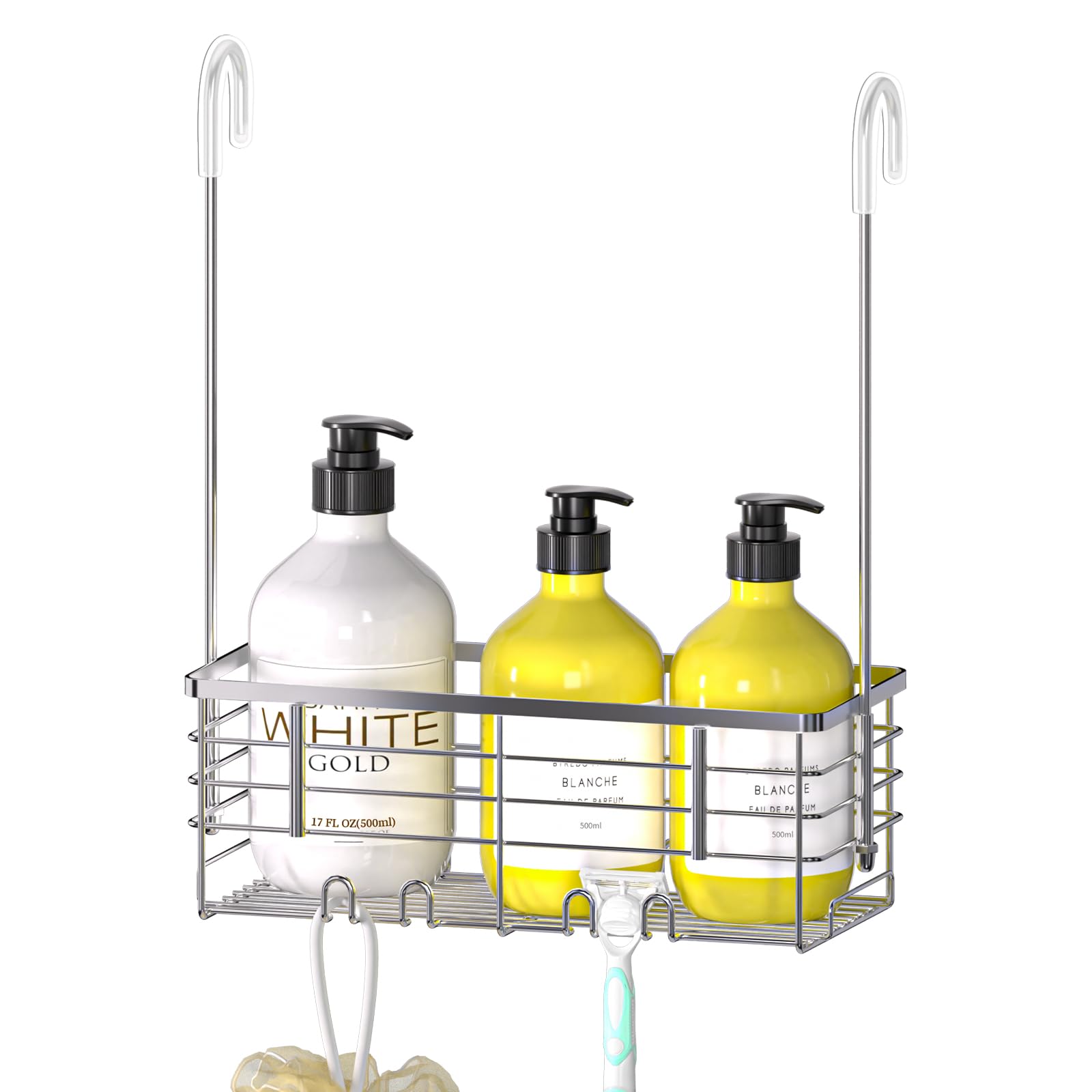 DELLAN front view of hanging shower organizer showing tidy storage benefit