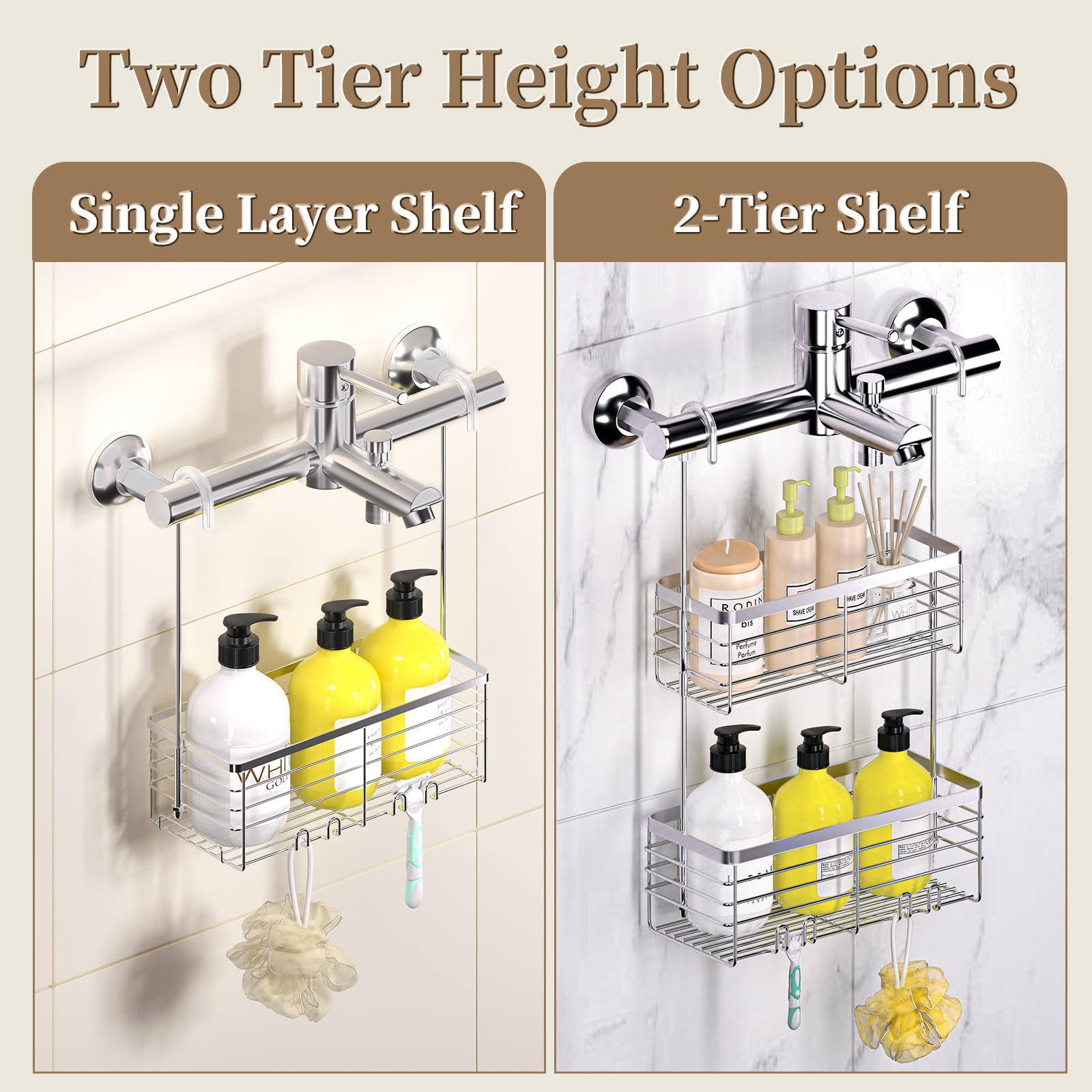 DELLAN organizer beside full-size shampoo bottles showing capacity benefit