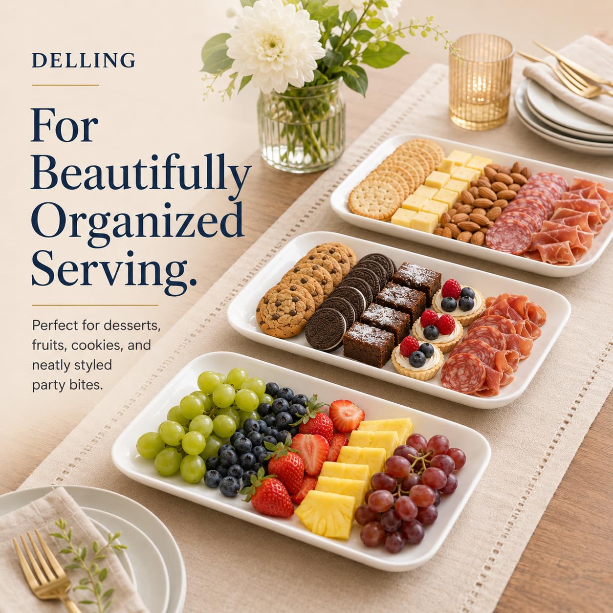 DELLING lifestyle table setting showcasing elegant white platters enhancing party presentation