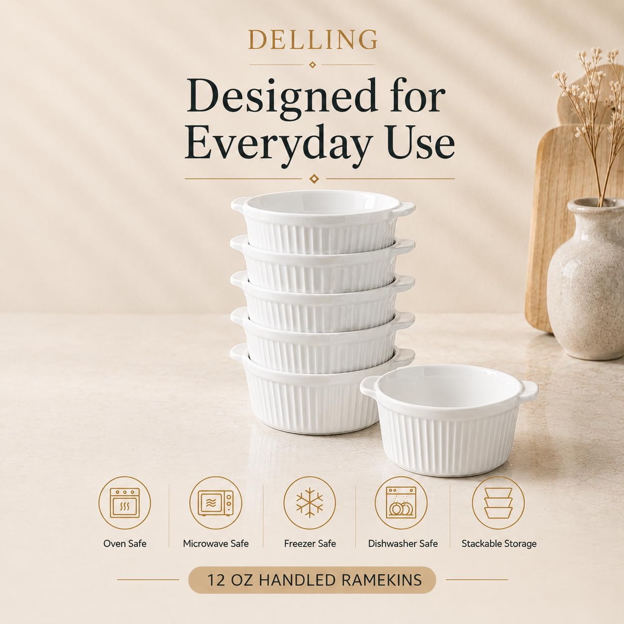 DELLING ramekin in oven demonstrating oven-safe reliability benefit