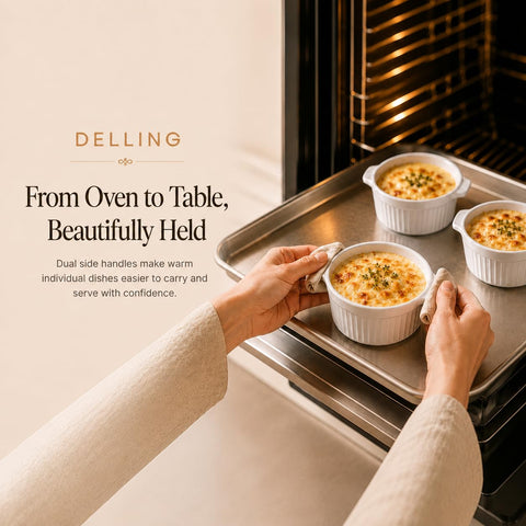 DELLING stacked ramekins illustrating space-saving storage benefit