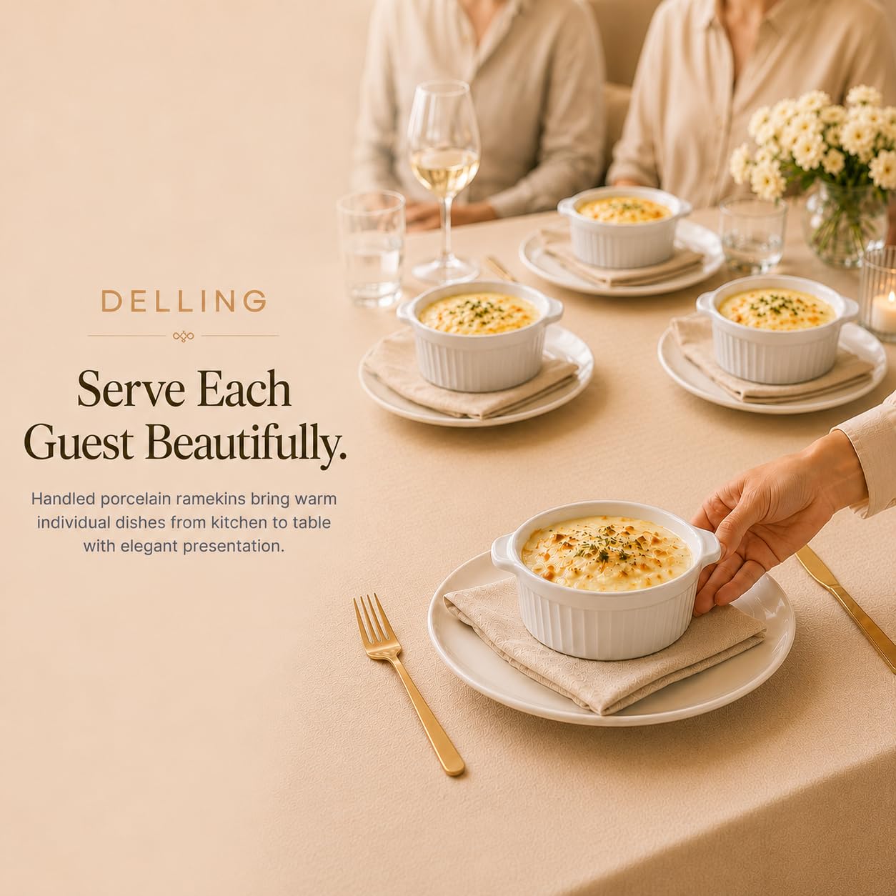DELLING ramekin filled with French onion soup showing attractive serving benefit