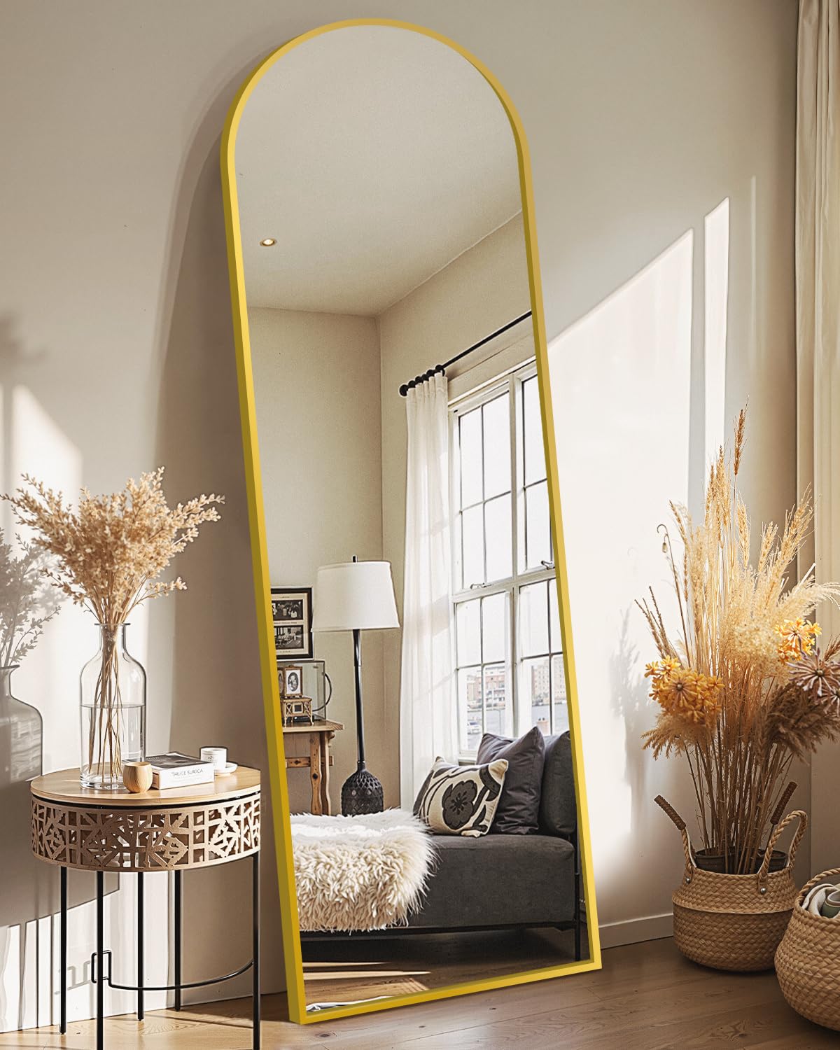 Delma mirror front view showcasing gold frame and full-body reflection benefit