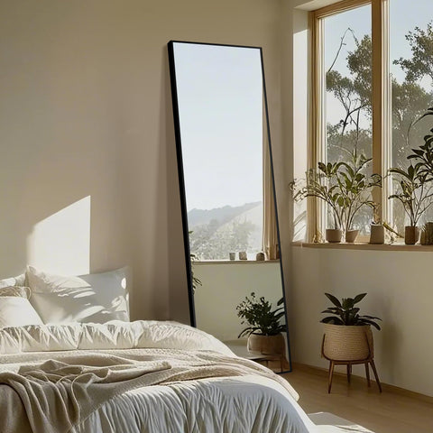 Delma mirror side profile with stand demonstrating stable freestanding use