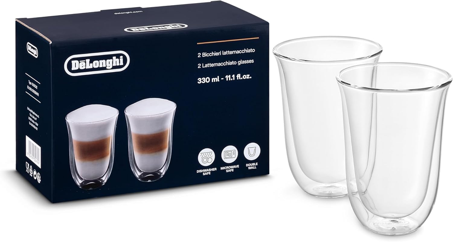De'Longhi front view of two clear latte glasses showing elegant presentation and insulation