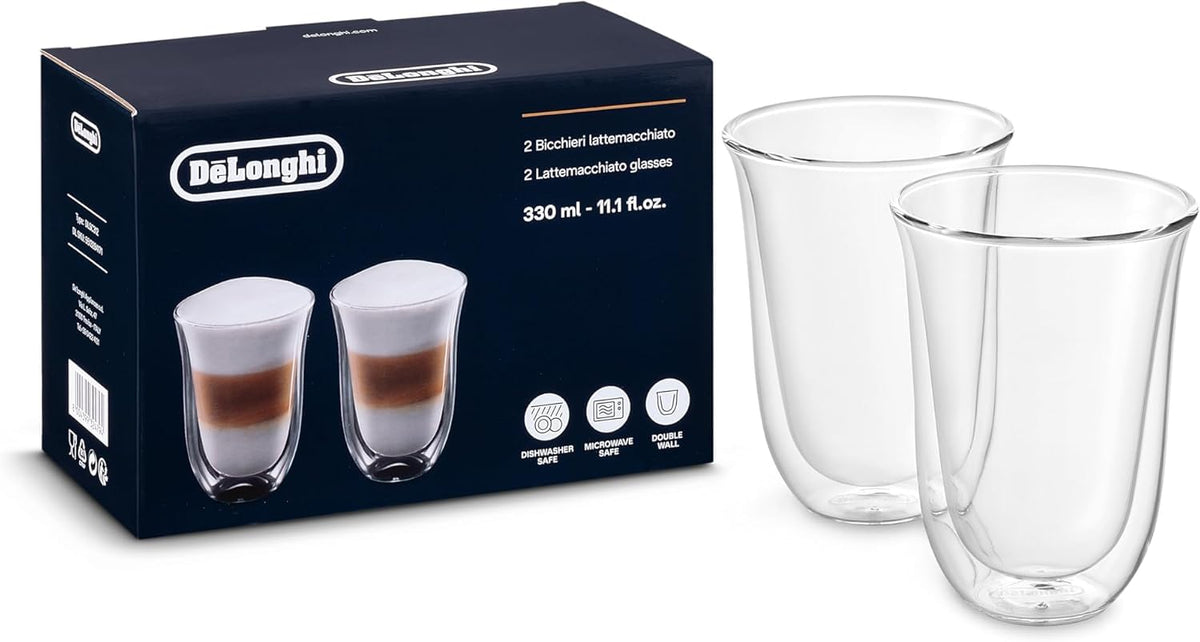 De'Longhi front view of two clear latte glasses showing elegant presentation and insulation