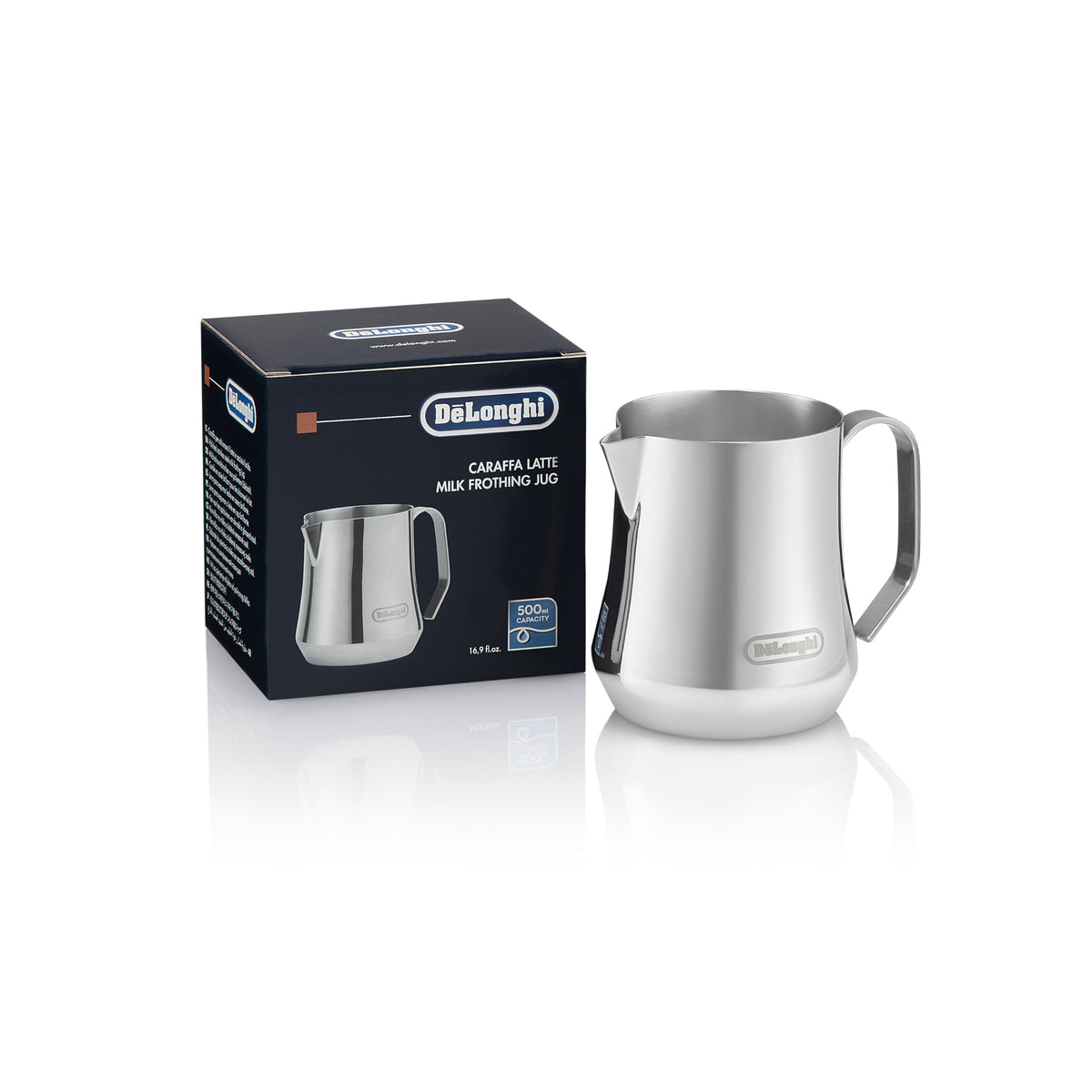 De'Longhi polished stainless pitcher front view shows durable design and easy handling