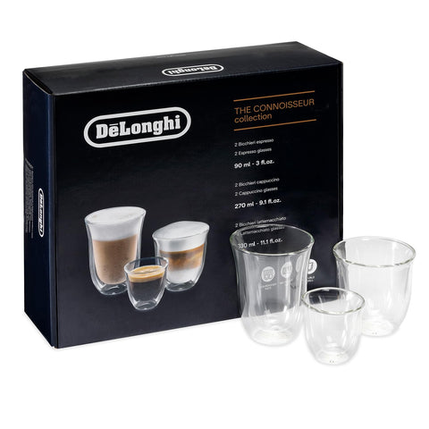 De'Longhi front packaging showing full six-piece glass set and clean design benefit