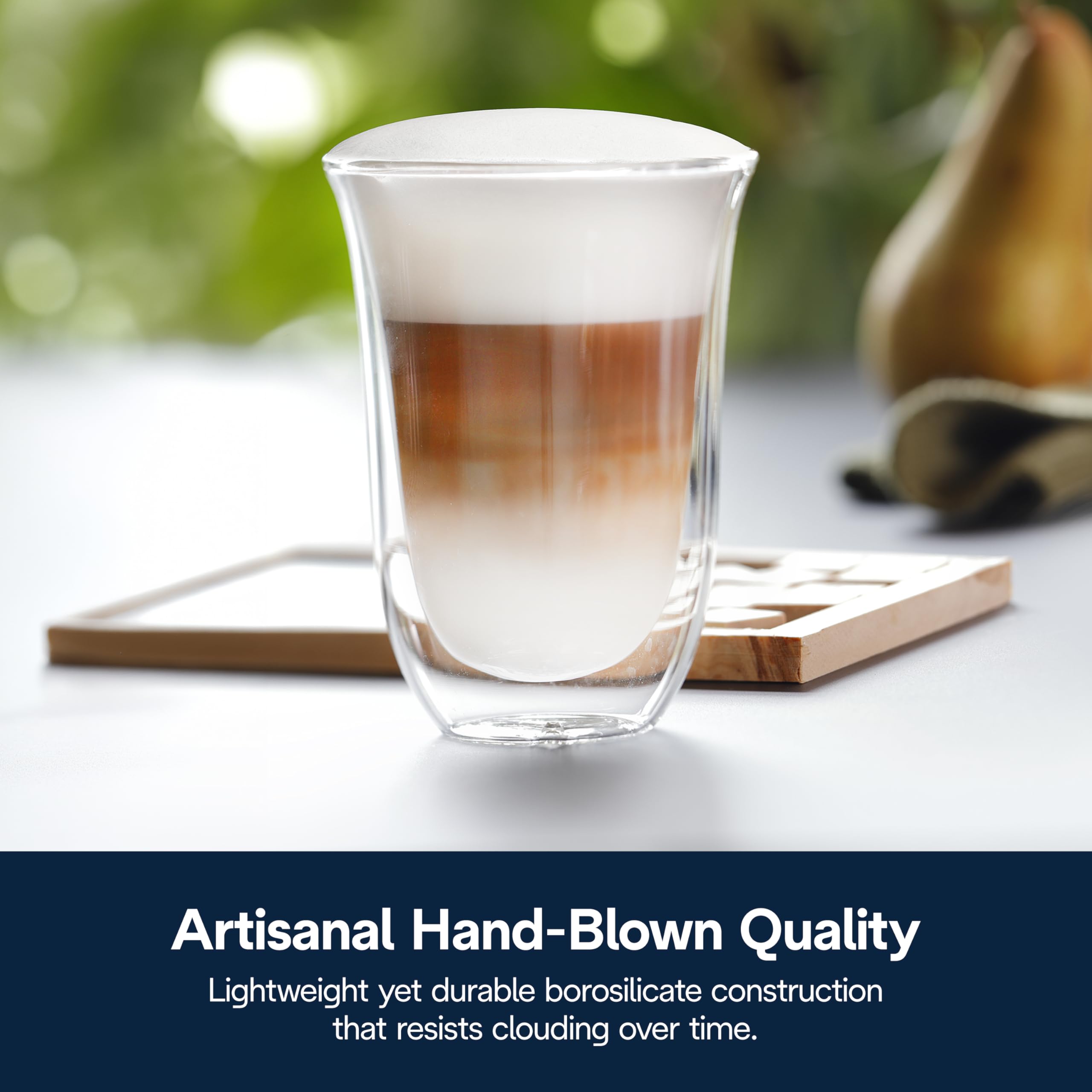 De'Longhi iced coffee in glass with no condensation keeping tabletops dry