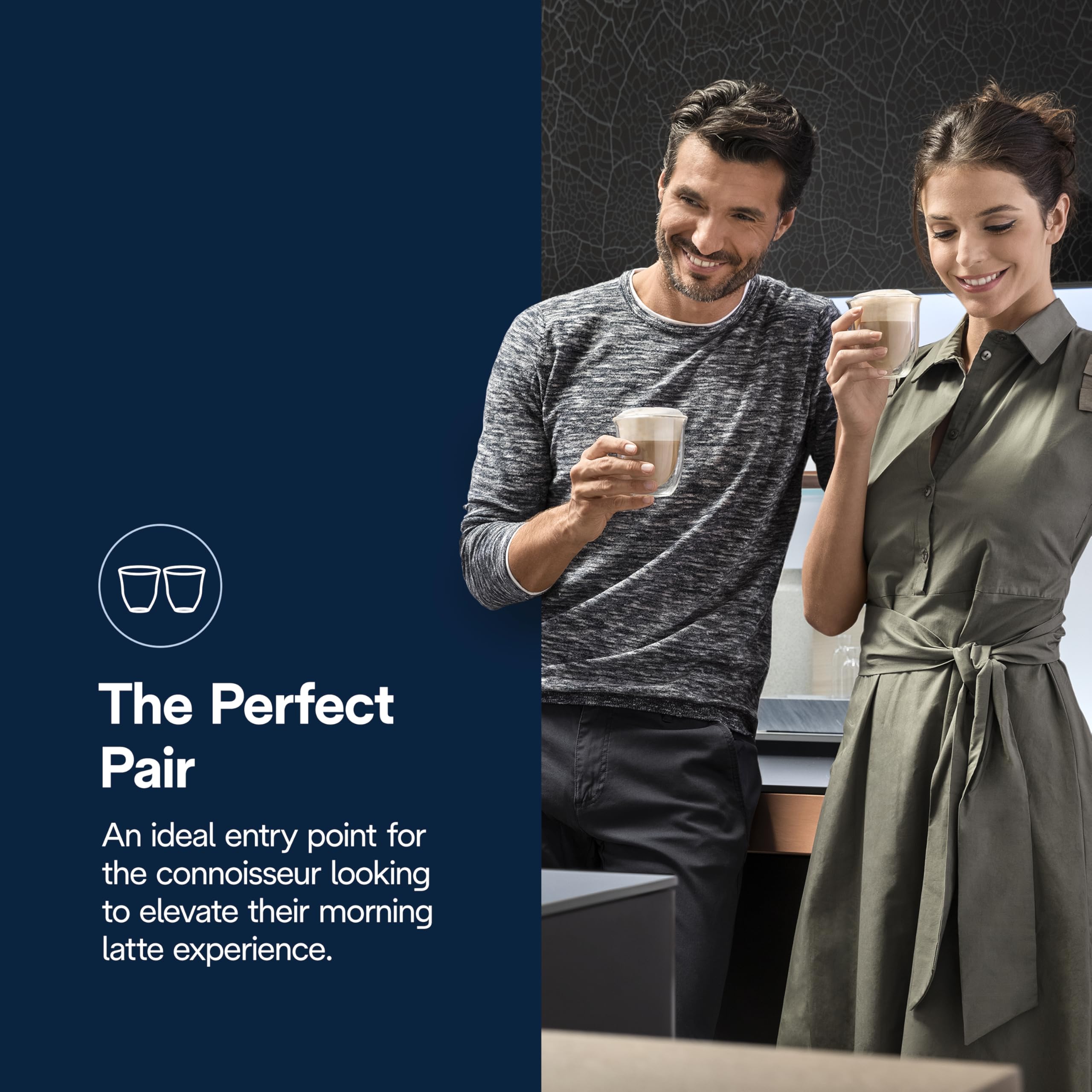 De'Longhi paired glasses on table creating a stylish lifestyle setting for entertaining