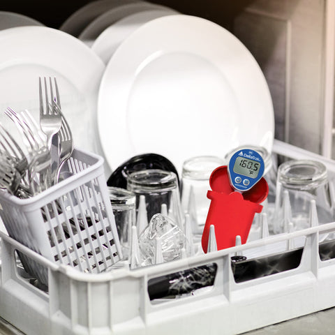 DeltaTrak thermometer inside dishwasher rack demonstrating safe placement
