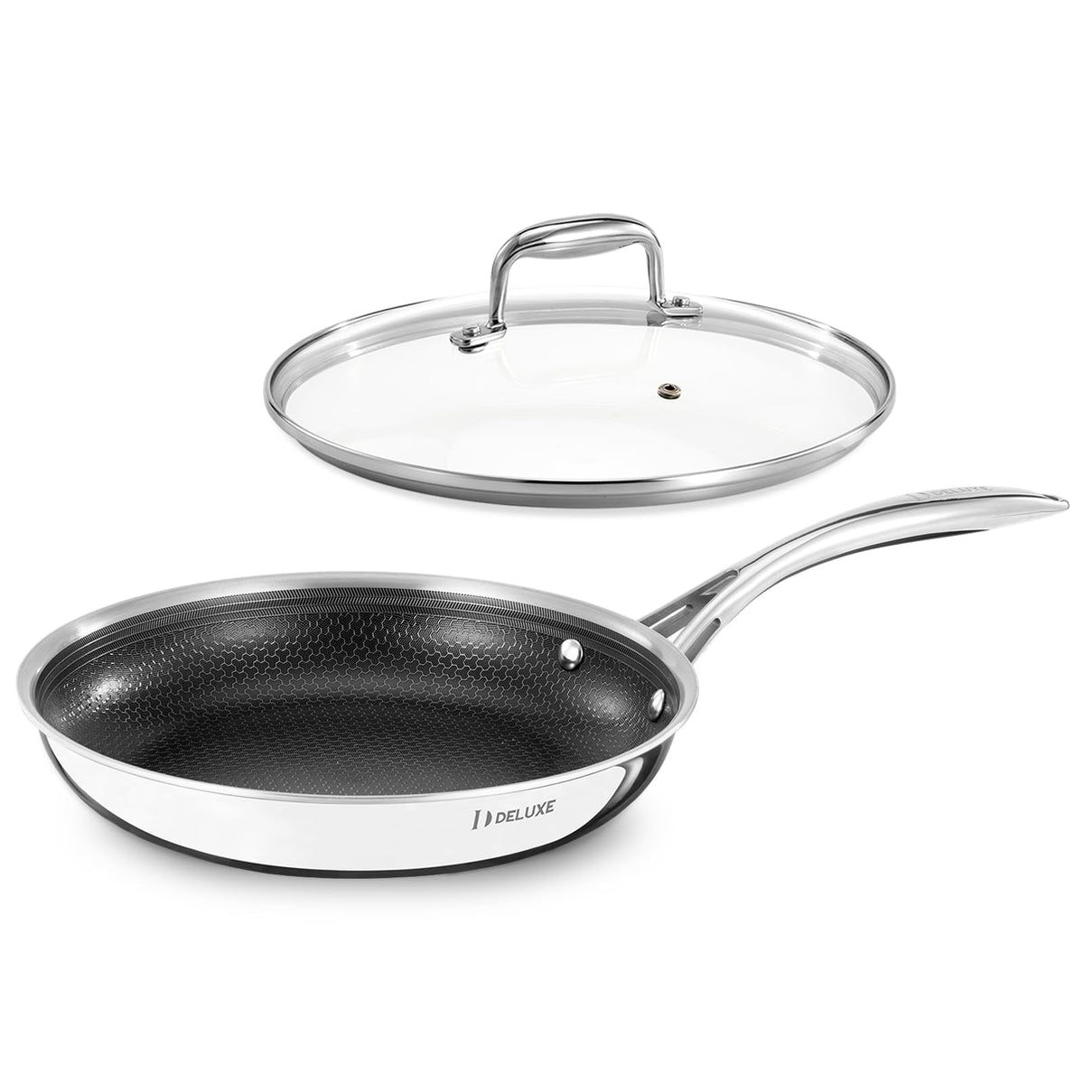 DELUXE 10" pan front view showing durable finish and lid for versatile cooking
