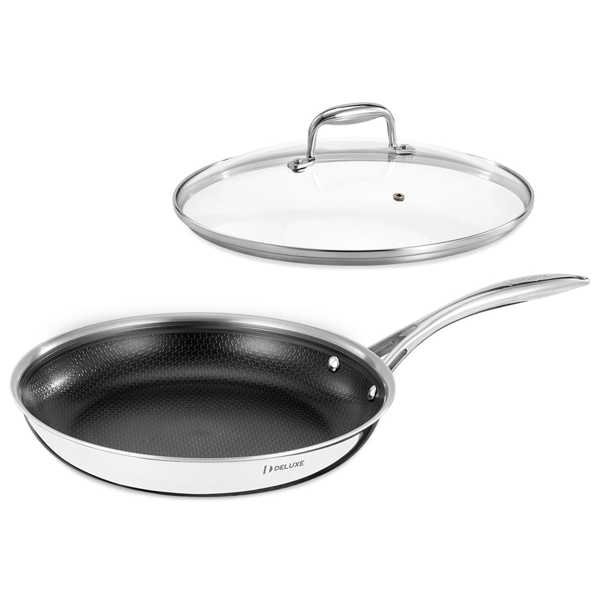 DELUXE 12" skillet front view with lid showing durable design and versatile use