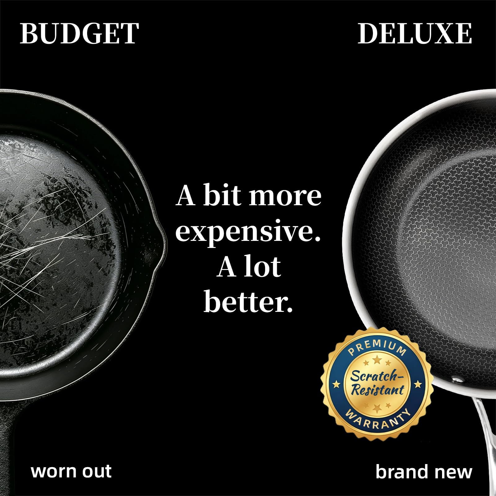 DELUXE pan searing a steak illustrating even browning and heat distribution