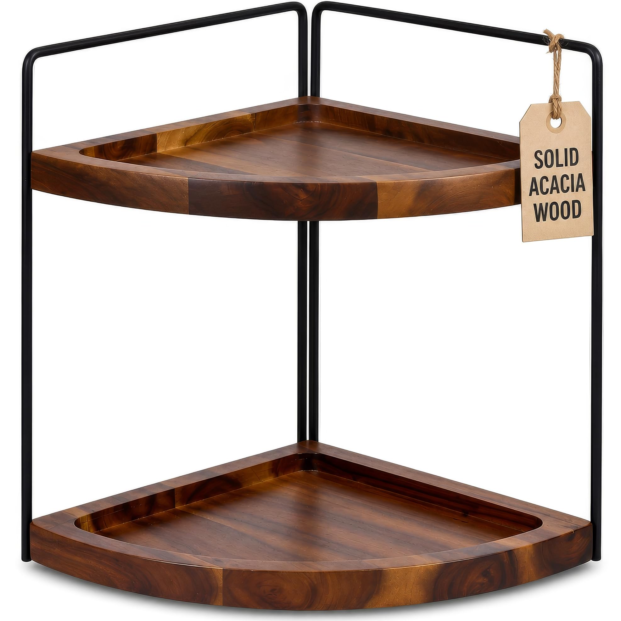 Demigo front view of acacia corner shelf showing neat countertop storage benefit