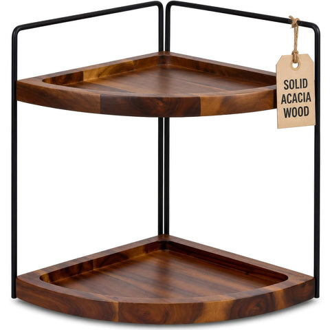Demigo front view of acacia corner shelf showing neat countertop storage benefit