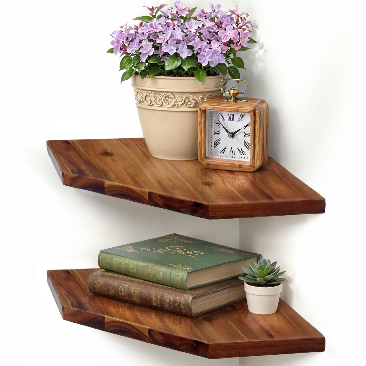 Demigo front view of two floating corner shelves showing clean design and storage benefit