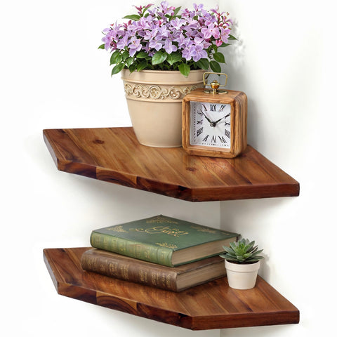 Demigo front view of two floating corner shelves showing clean design and storage benefit