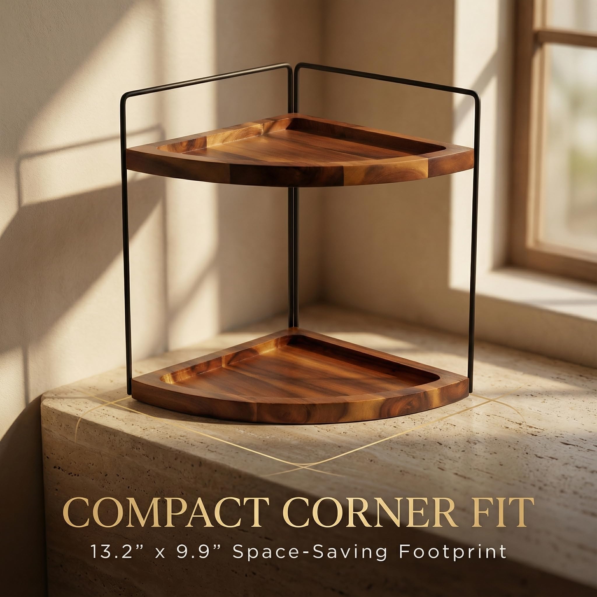 Demigo corner shelf staged in bathroom saving counter space and visibility benefit