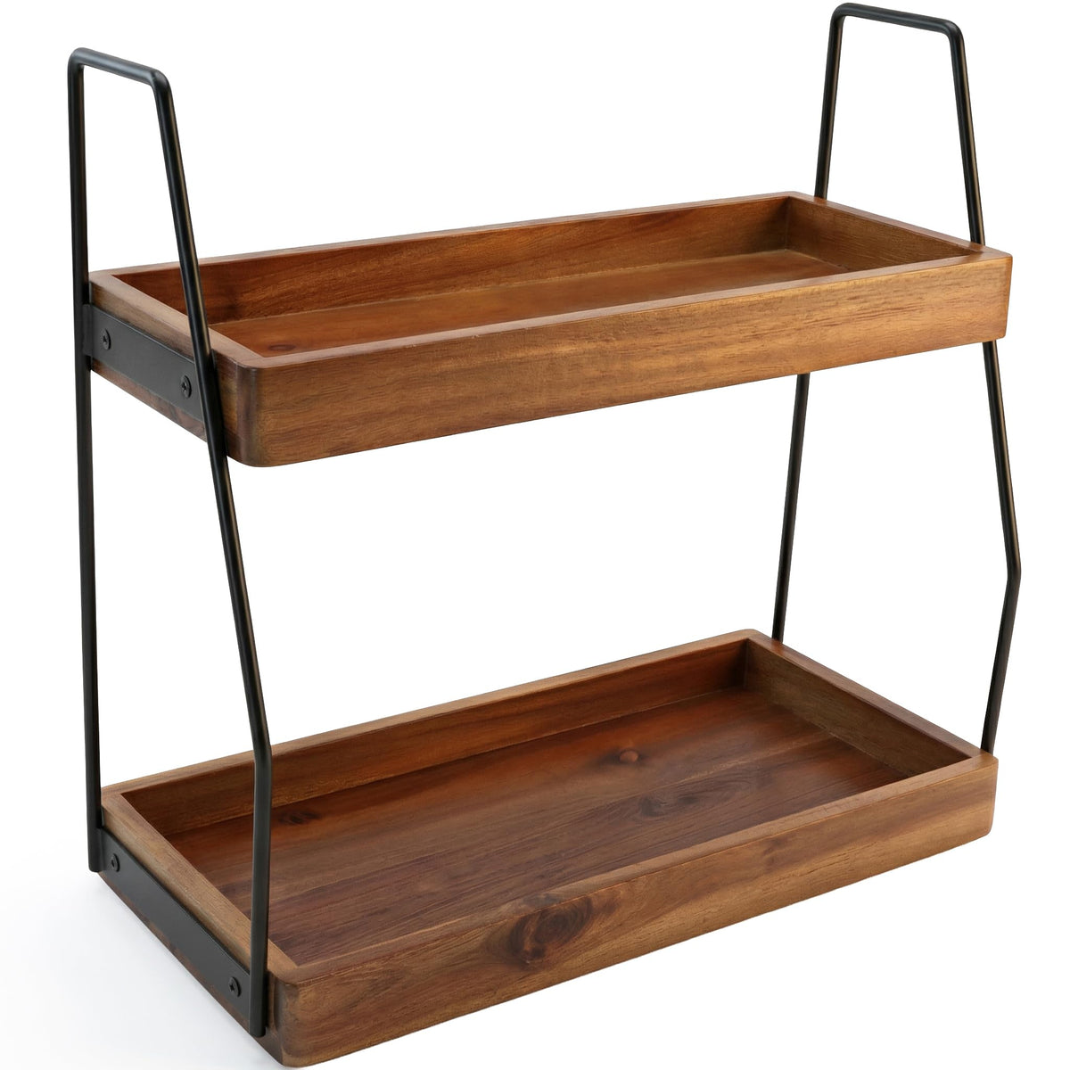 Demigo front view acacia wood organizer showing neat countertop storage and accessibility