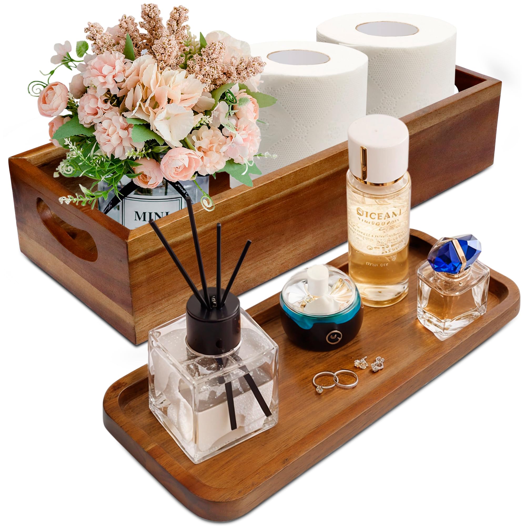 Demigo front view of topper and tray showing organized bathroom storage benefit