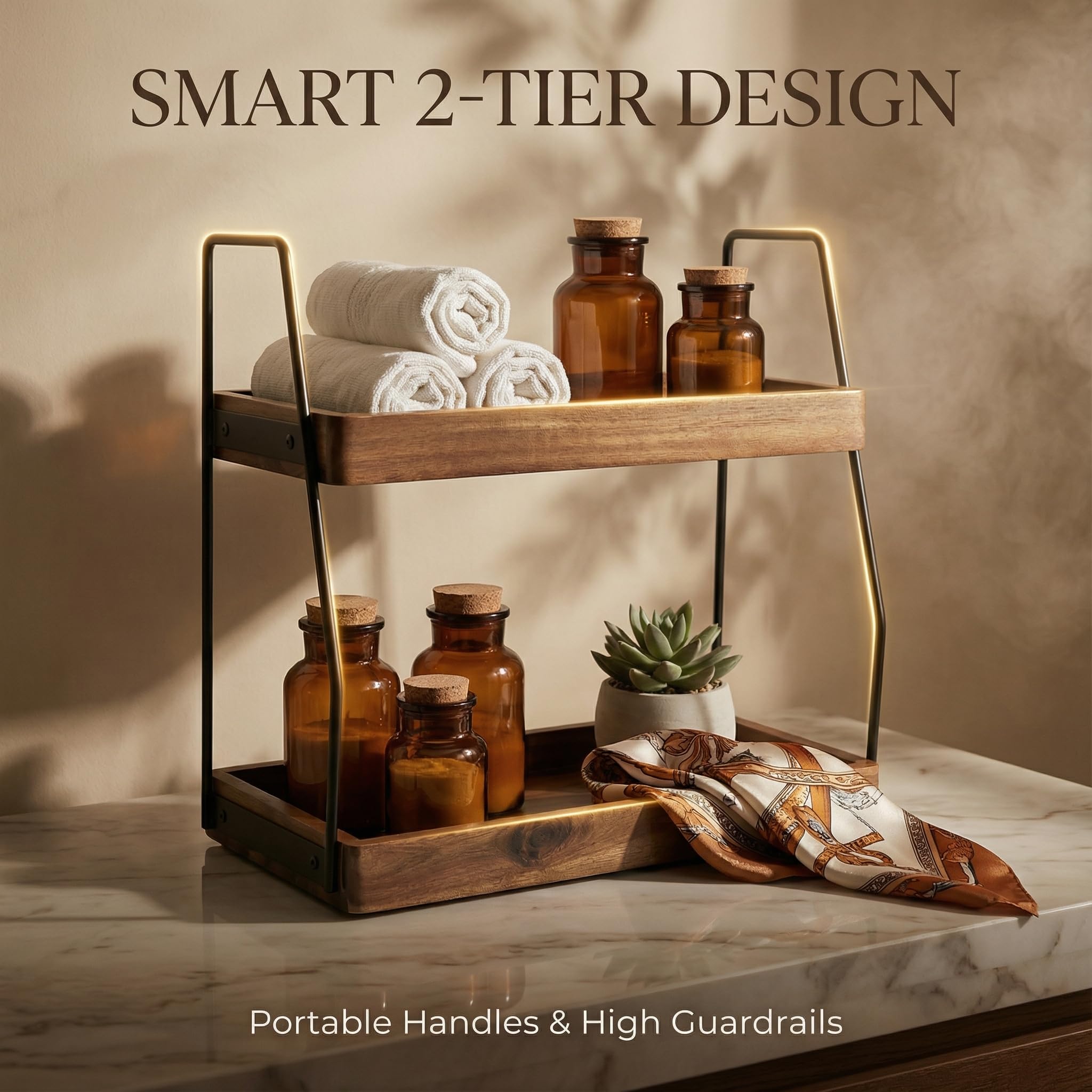 Demigo organizer in use on a bathroom vanity keeping toiletries organized and reachable