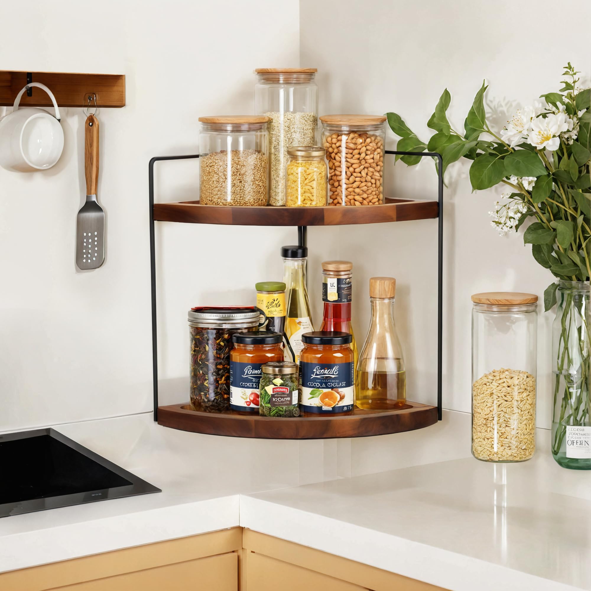 Demigo shelf next to soap and bottle showing compact footprint and scale benefit
