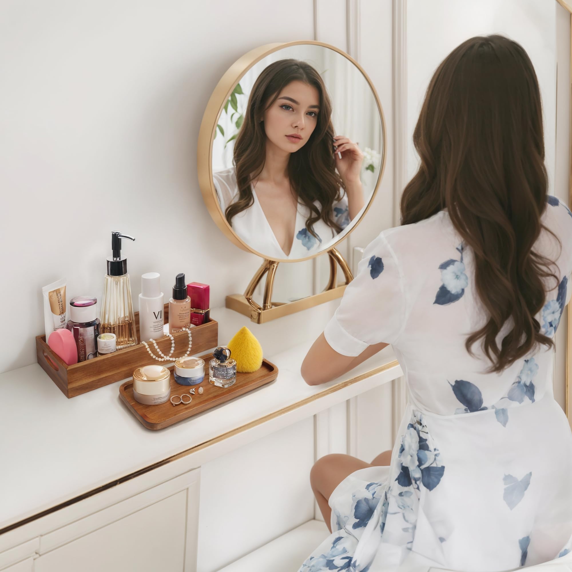 Demigo vanity tray with cosmetics providing clutter-free countertop benefit