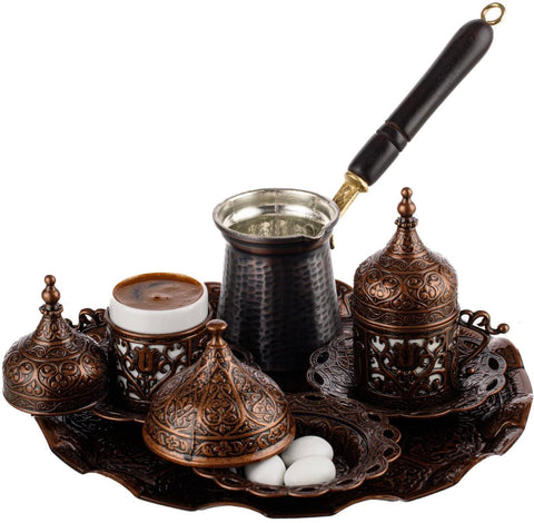 DEMMEX full set front view showing tray cups and copper pot for elegant serving