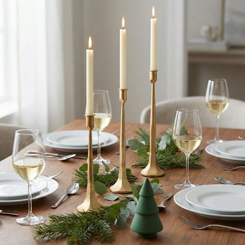 Side profile of Denique tapered candlesticks displaying small, medium, and large height difference for layered styling
