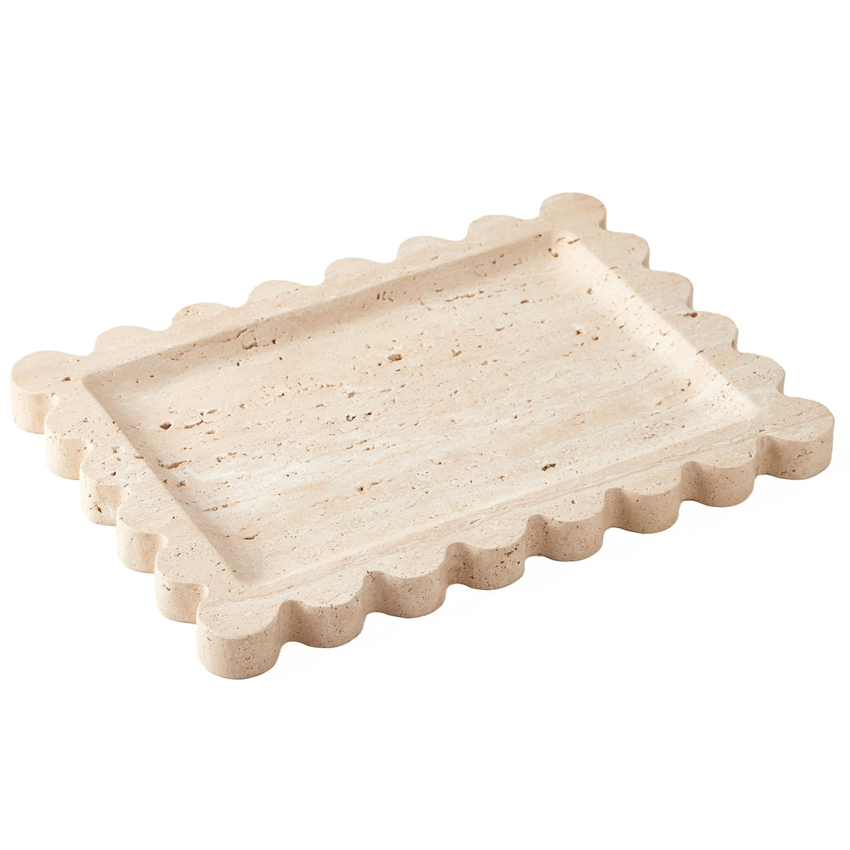 Denique travertine tray front view showing beige stone and scalloped edge, elegant organization