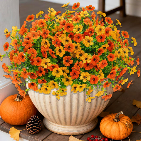 Denroo front view of 16-bundle artificial mums showing full yellow-orange fall display, adds curb appeal