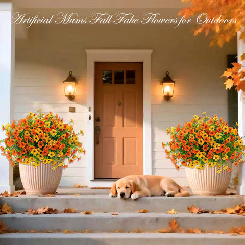 Denroo outdoor porch planter styled with multiple mums, enhances patio and entry aesthetic