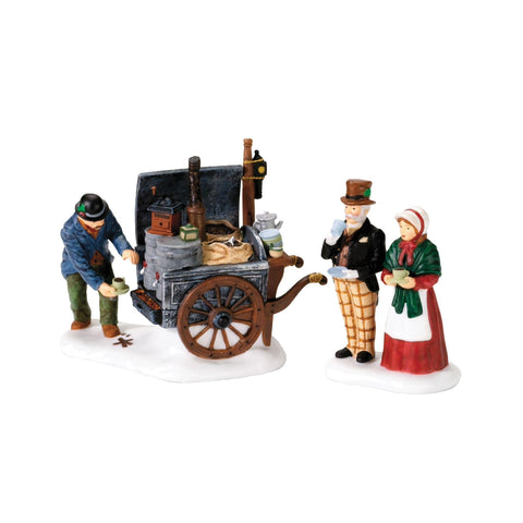 Department 56 front view of coffee stall and customers showing village charm