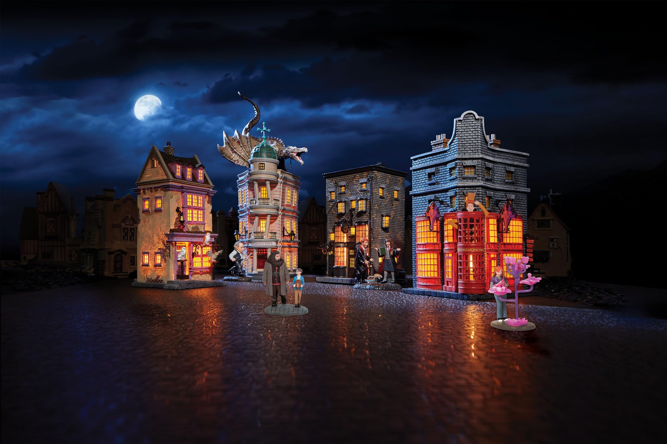 Department 56 side angle of architecture showing sculpted details and depth