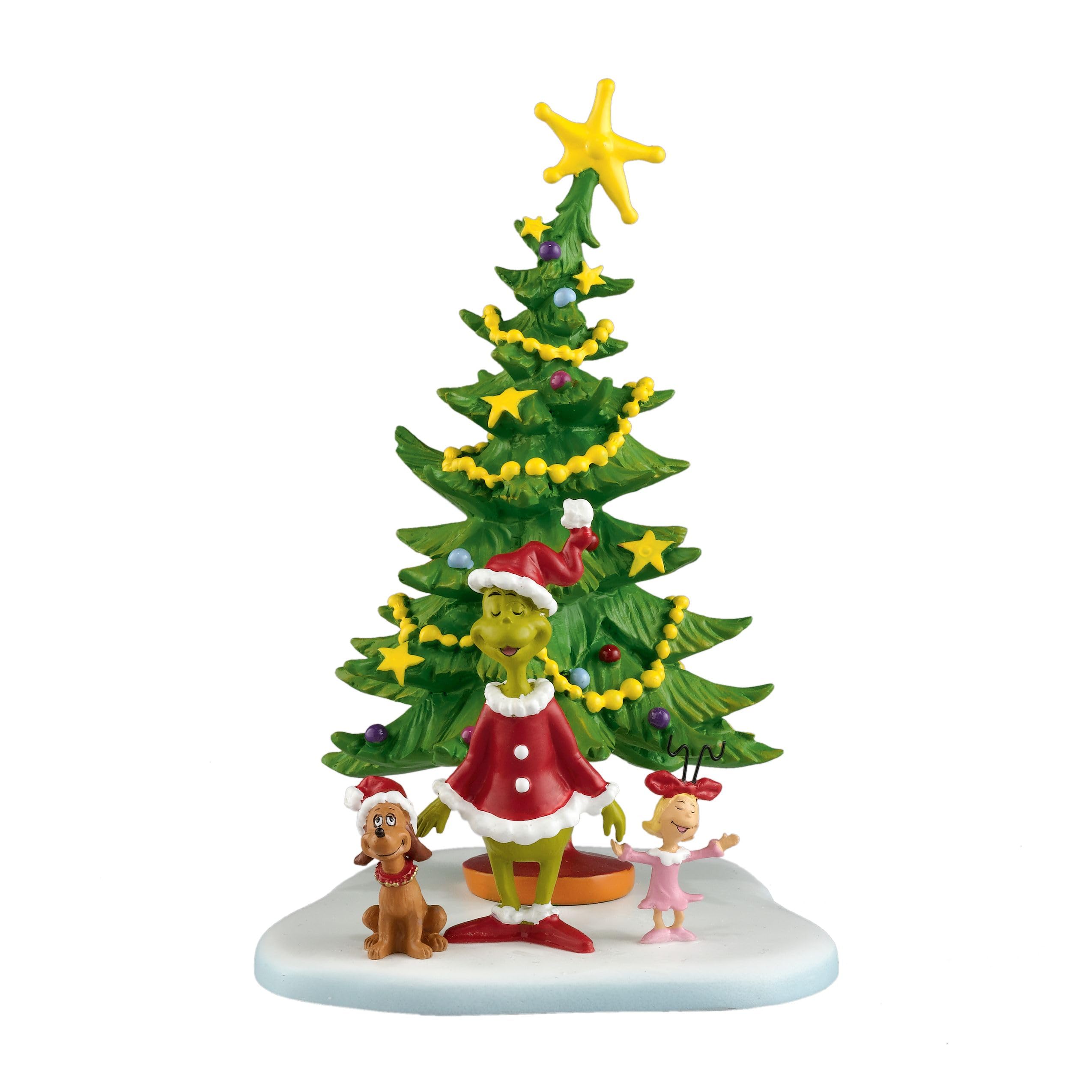 Department 56 front view of Grinch, Max, and Cindy Lou showing holiday charm