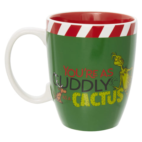 Department 56 Grinch mug front view showing green glaze and character artwork for festive mornings