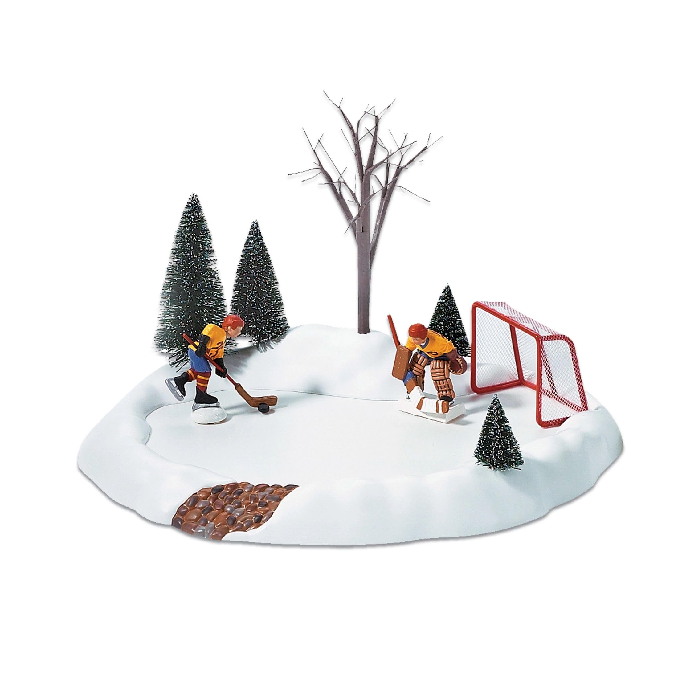 Department 56 front view showing animated hockey rink and festive trees