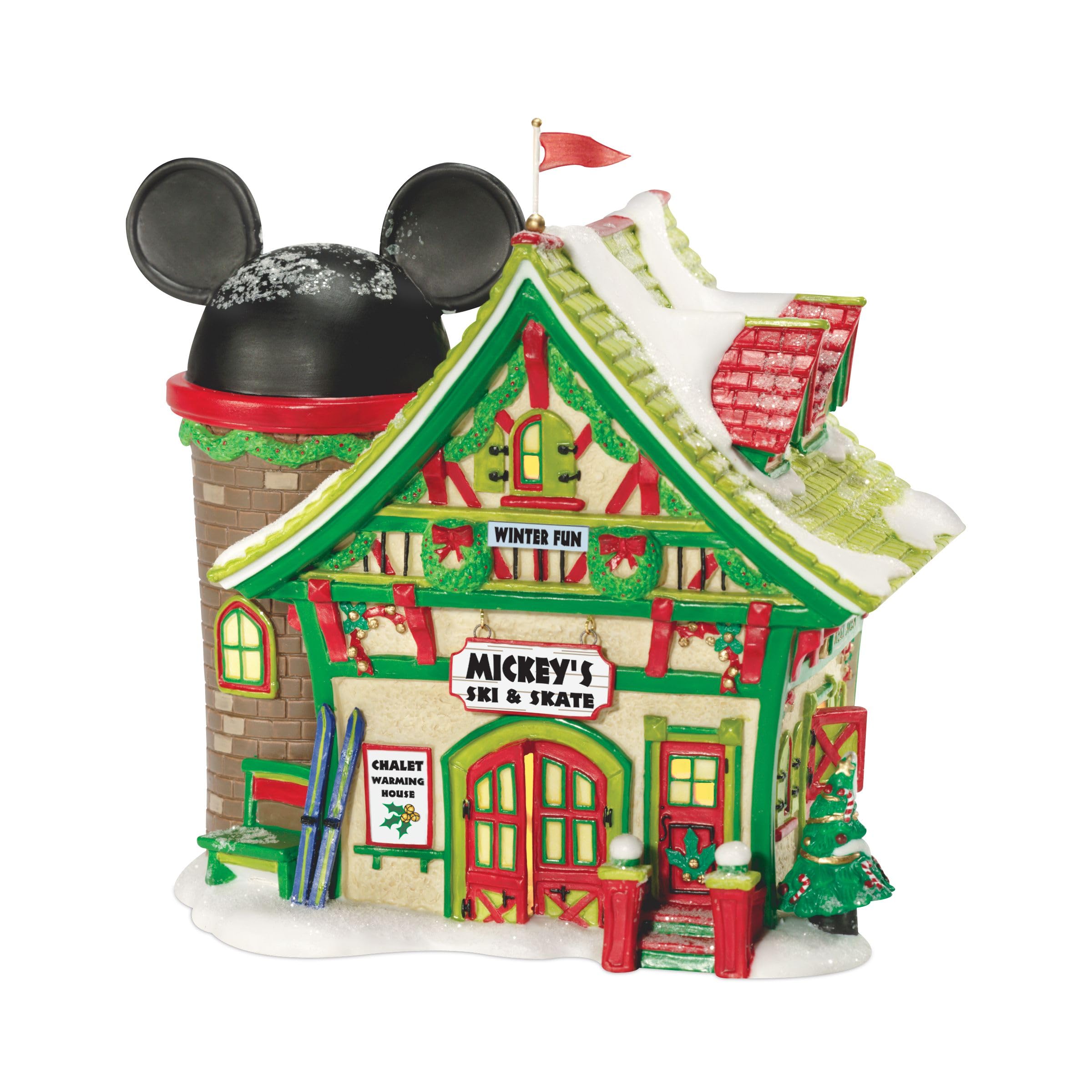 Department 56 front view of Mickey's Ski Chalet showing colorful façade and charm