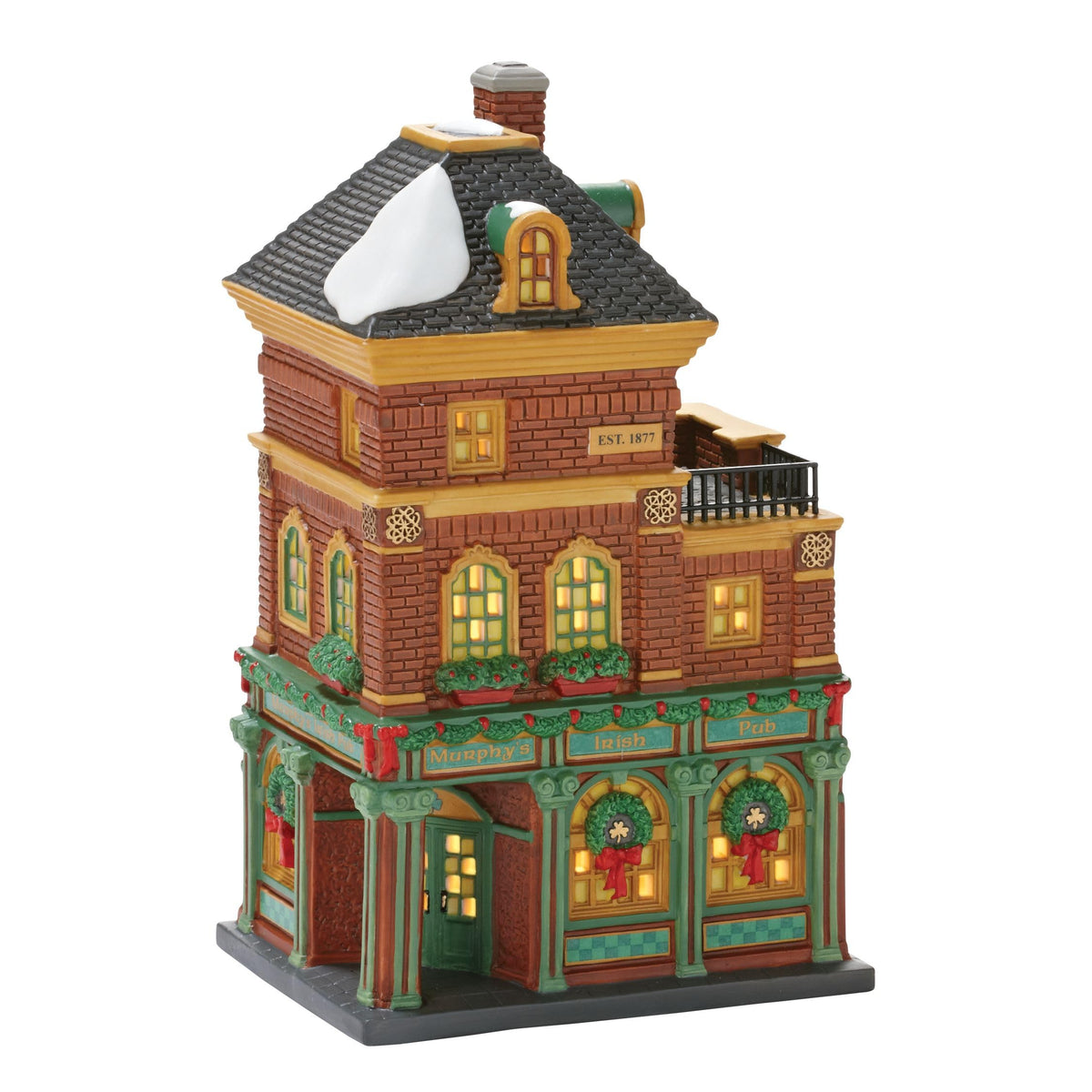 Department 56 Murphy's pub front view showing welcoming lit facade and festive detail
