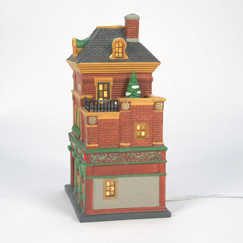 Department 56 Murphy's pub close-up of painted sign and window trim highlighting craftsmanship