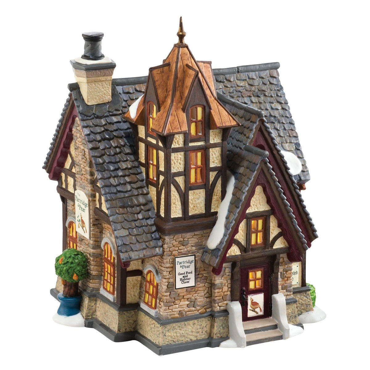 Department 56 front view of Partridge and Pear showing festive façade and curb appeal