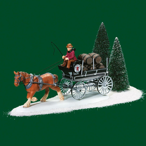 Department 56 close-up of painted barrels and driver highlighting artisan finish and collectible quality