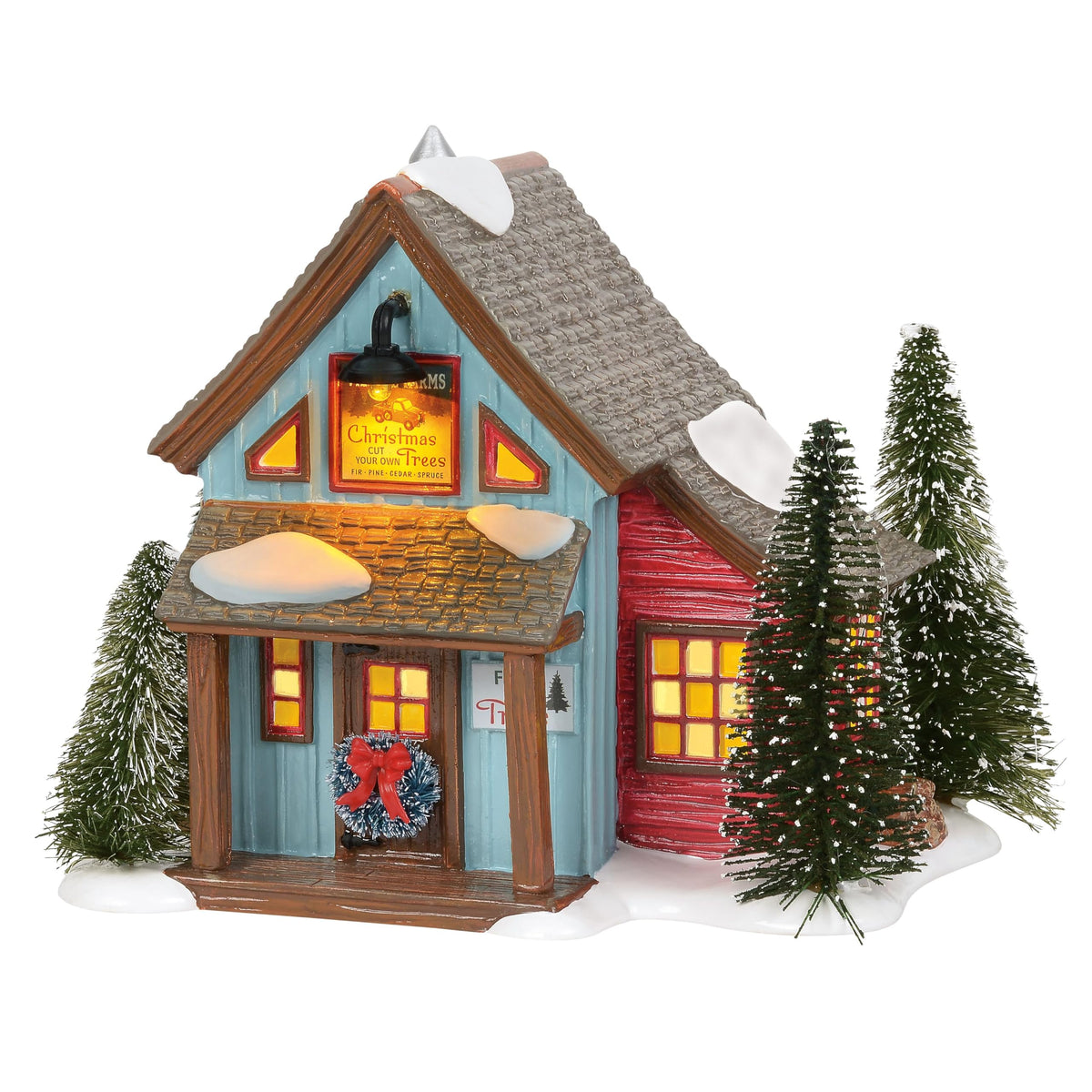 Department 56 tree lot front view showing festive facade and warm glow