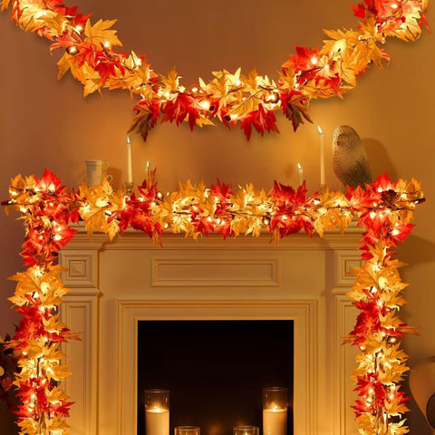 DEPMEM garland front view showing full 9ft length and colorful leaves for instant fall impact