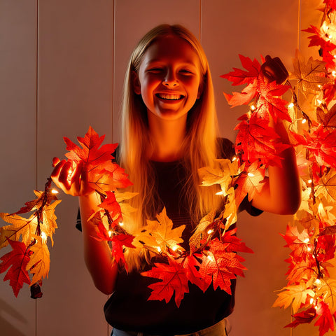 DEPMEM lit mantel display with warm orange bulbs creating cozy fall ambiance for gatherings