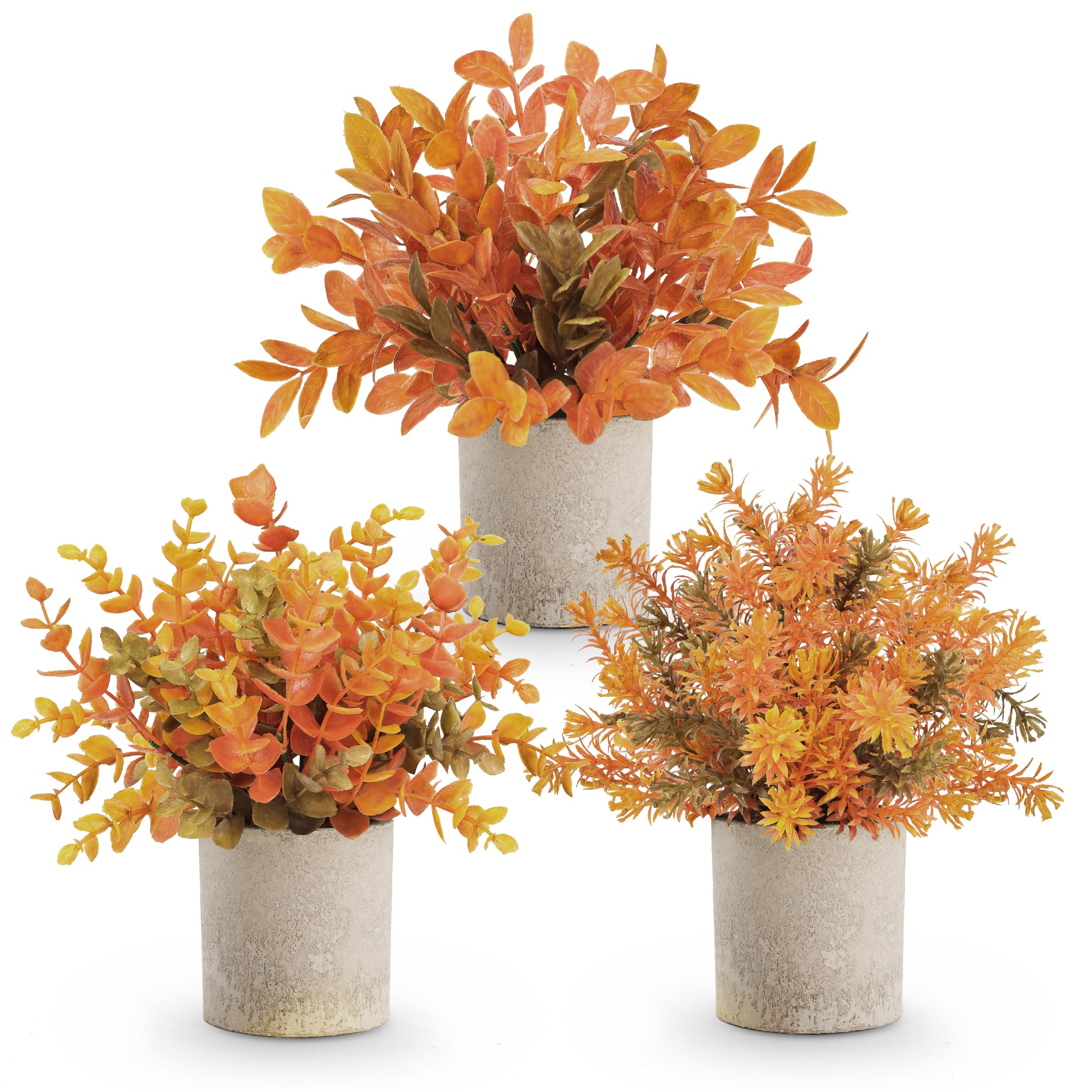 Der Rose front view of three warm orange faux plants showing autumn accent