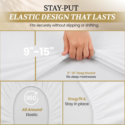 DESTINY CRESCENT fitted sheet stretched over mattress demonstrating 15-inch secure fit