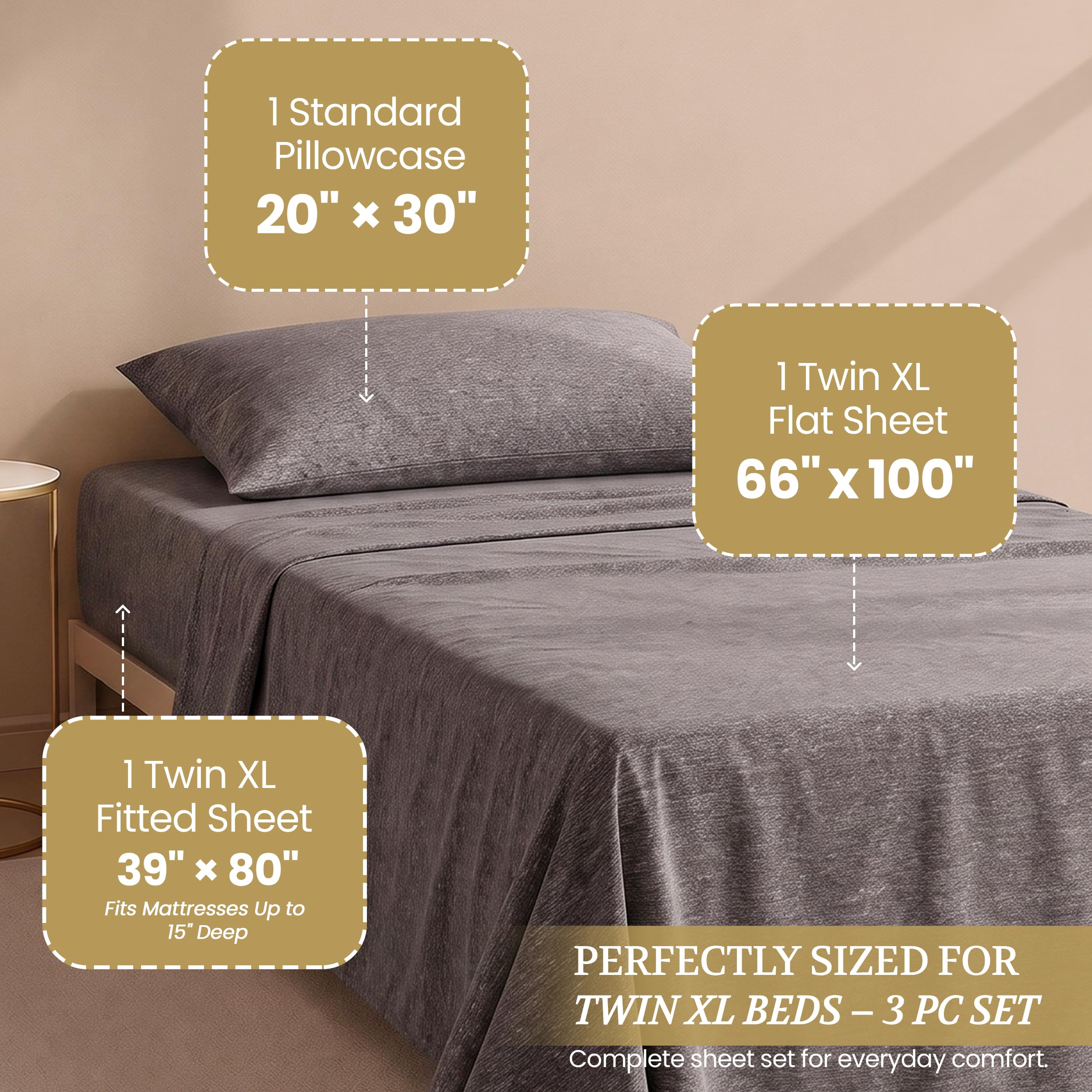 DESTINY CRESCENT Twin XL sheet next to ruler showing accurate sizing and fit benefit